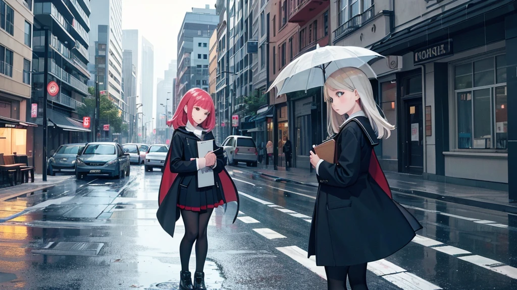 image of a young girl studying, looking at the street, with rain, and notebooks and books, trouble, of capes