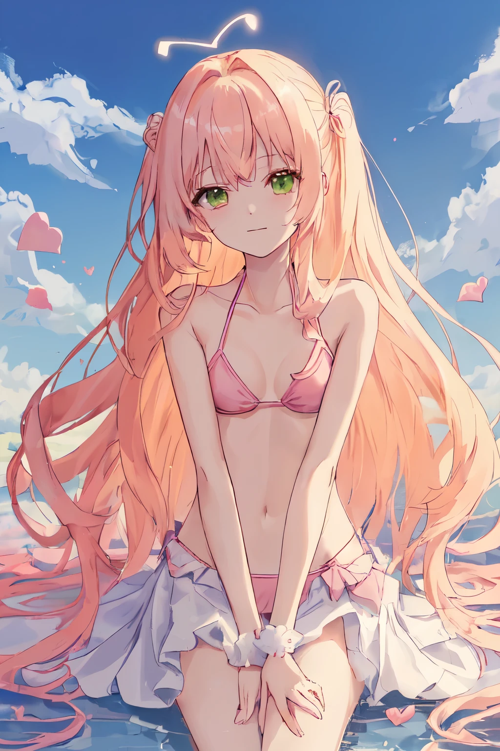 1_girl, (anime, kawai:2), (masterpeice, best_quality, clean:1.5), (sky_background:1.2), (cute, cute_smile, young:1.5), (delicate, extremely_delicate, beautiful, thin:1.5), (girlfriend, angel:1.8), (green_eyes, simple_eyes:1.8) (long_hair, blond_hair, wearing_pink_dress, pink_angel_wings, sexy_gloves:1.5), extremely_delicate, (love_magic:1.5), (age_size_fits_body), (small_thighs:1.3), (breasts), (eye_level:1.3), (heart_magic, love:1.5), (folded_legs:1.5), (combat:1.5), (bikini:1.5)