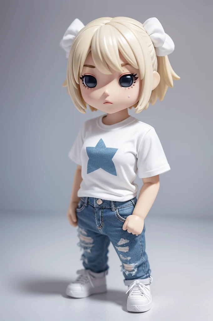 Create a Funko figure of a , called Tisuki, wearing baggy pants and a star blouse, hair blonde. Funko is displayed inside and outside a limited edition white and silver Funko box with DIGITAL text (tissueki), allowing visibility of the figure, typography and 3D rendering. White background.