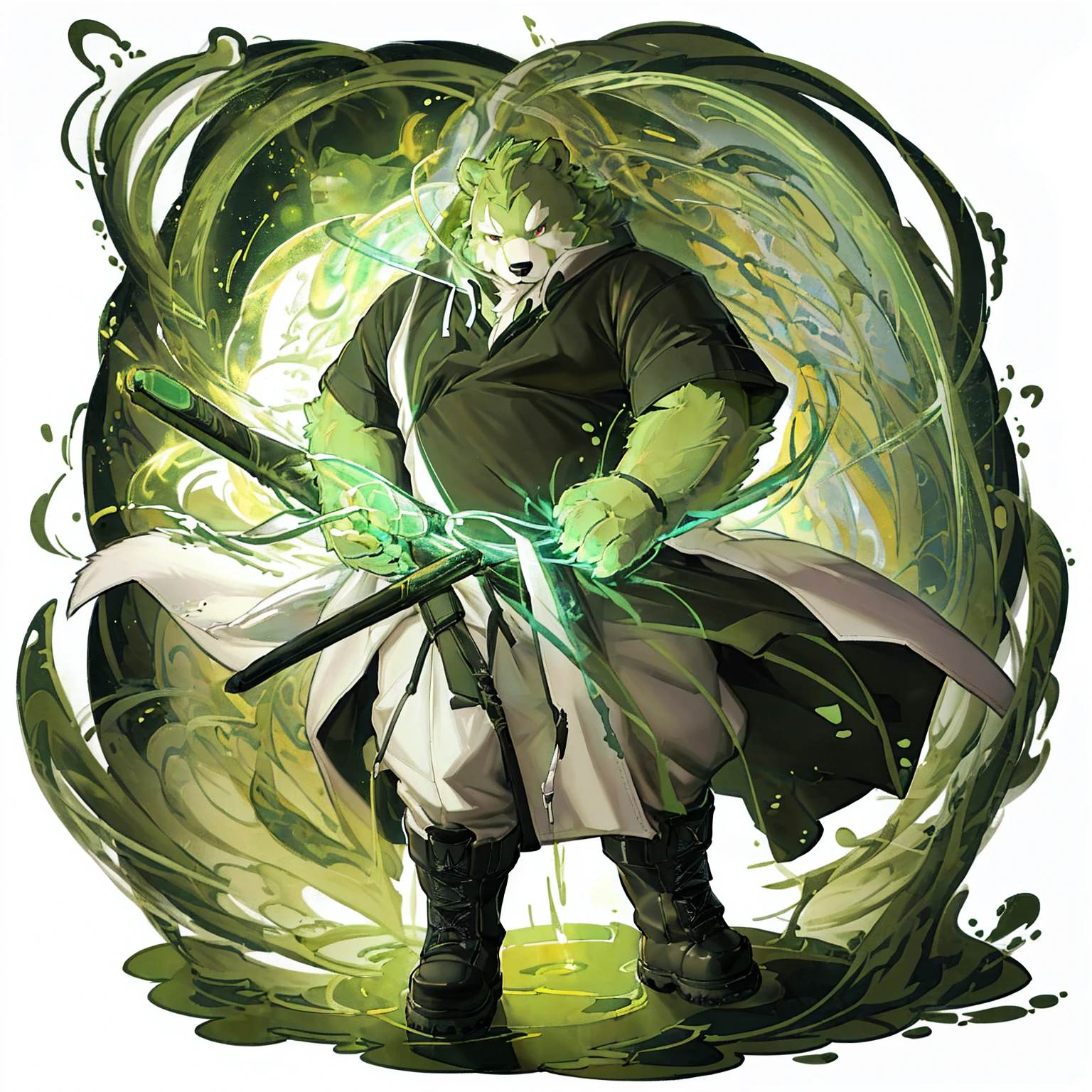 anthro, kemono, male, solo, (((anthro bear))), (((green bear))), (((green fur))), green hair, red eyes, beard, white eyebrows, mature, white background,  mage staff, magic, ((((black t-shirt inside), (((white long coat unhooded))), gray trousers, military boots))), full body, splash art, 