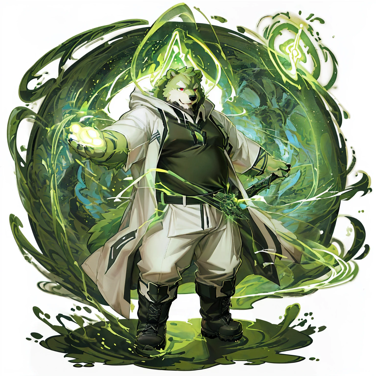 anthro, kemono, male, solo, (((anthro bear))), (((green bear))), (((green fur))), green hair, red eyes, beard, white eyebrows, mature, white background,  mage staff, magic, ((((black t-shirt inside), (((white long coat unhooded))), gray trousers, military boots))), full body, splash art, 