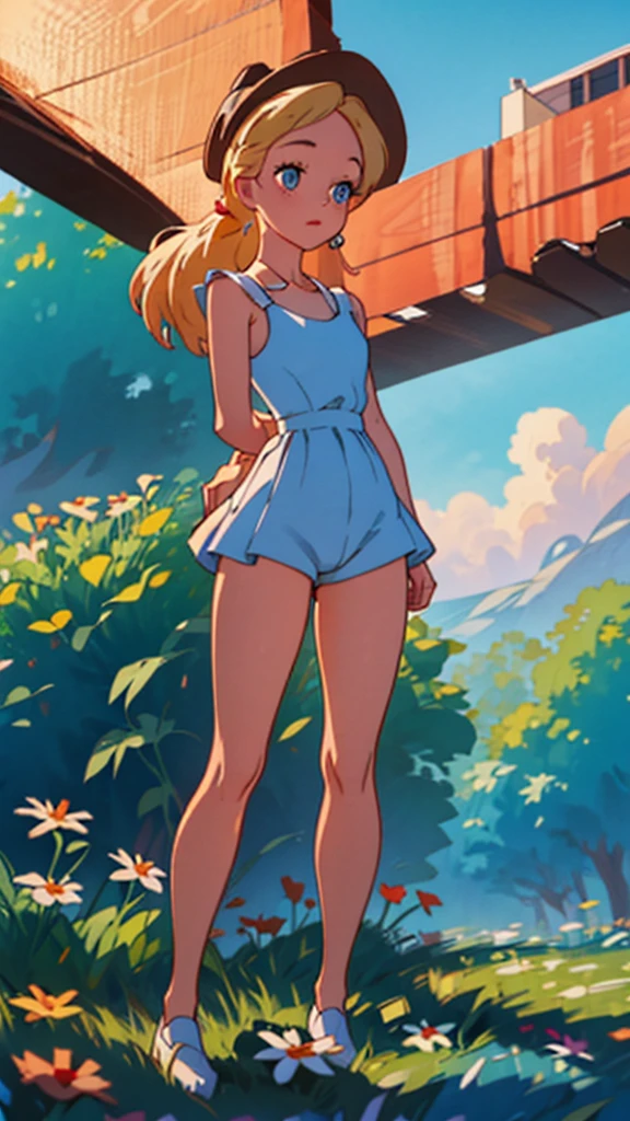 (Explicit Content Warning: 1.1), Masterpiece: 1.2, highest quality: 1.3, a serene moment, One girl, stands gracefully, cowboy-inspired pose, straw hat hidden behind her back, swimsuit with a low-cut neckline and high-waisted shorts, a single wildflower tucked behind her ear, a starfish gently resting on the shore, bathed in the soft glow of a shallow sunset.