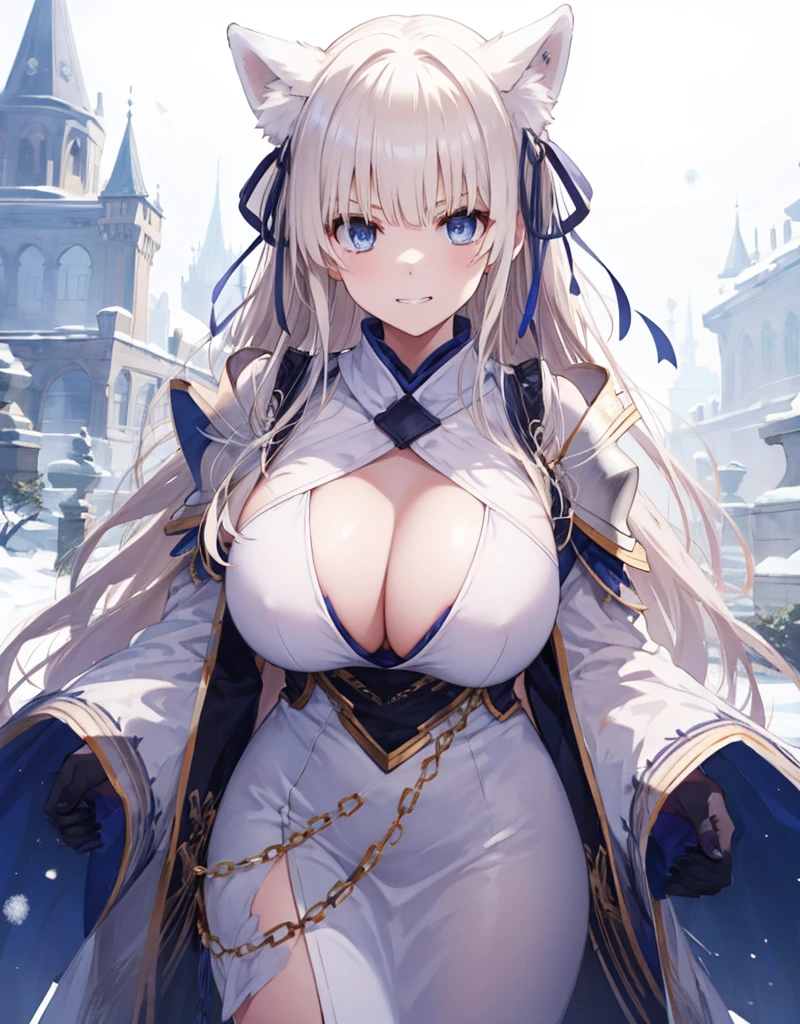 [[[ ultra-detailed, best quality, soft skin, beautiful, 4K]]] white hair, blue eyes, tied-up hair, slender body, dynamic angle, chainmail, white armor, white fox ears, calm expression, female, snowy palace gardens background, serious expression. walking angle, ((little horny smile)) to masch them über hugest big huge massive largest bigger biggest breasts 