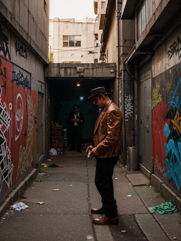 a group of mafia gangs were smoking and drinking. someone vomits against a graffiti background in a corner alley of the city with red highlights