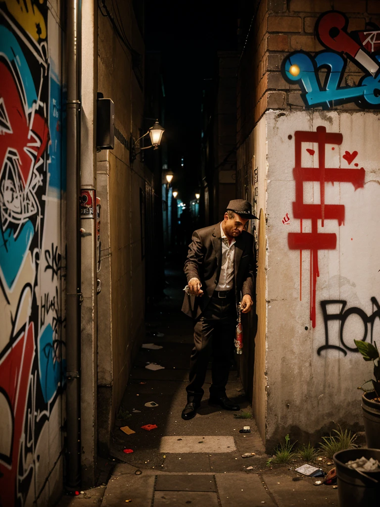 a group of mafia gangs were smoking and drinking. someone vomits against a graffiti background in a corner alley of the city with red highlights