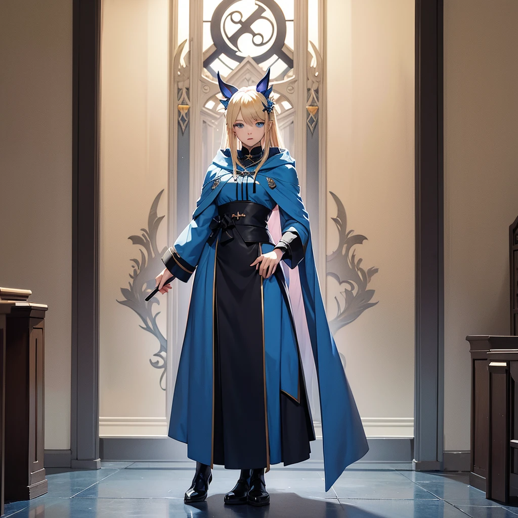Full body detailed drawing。Blonde beauty。Blue habit。Wearing a hood。Blue Eyes。Have a Bible。Wearing black spats。