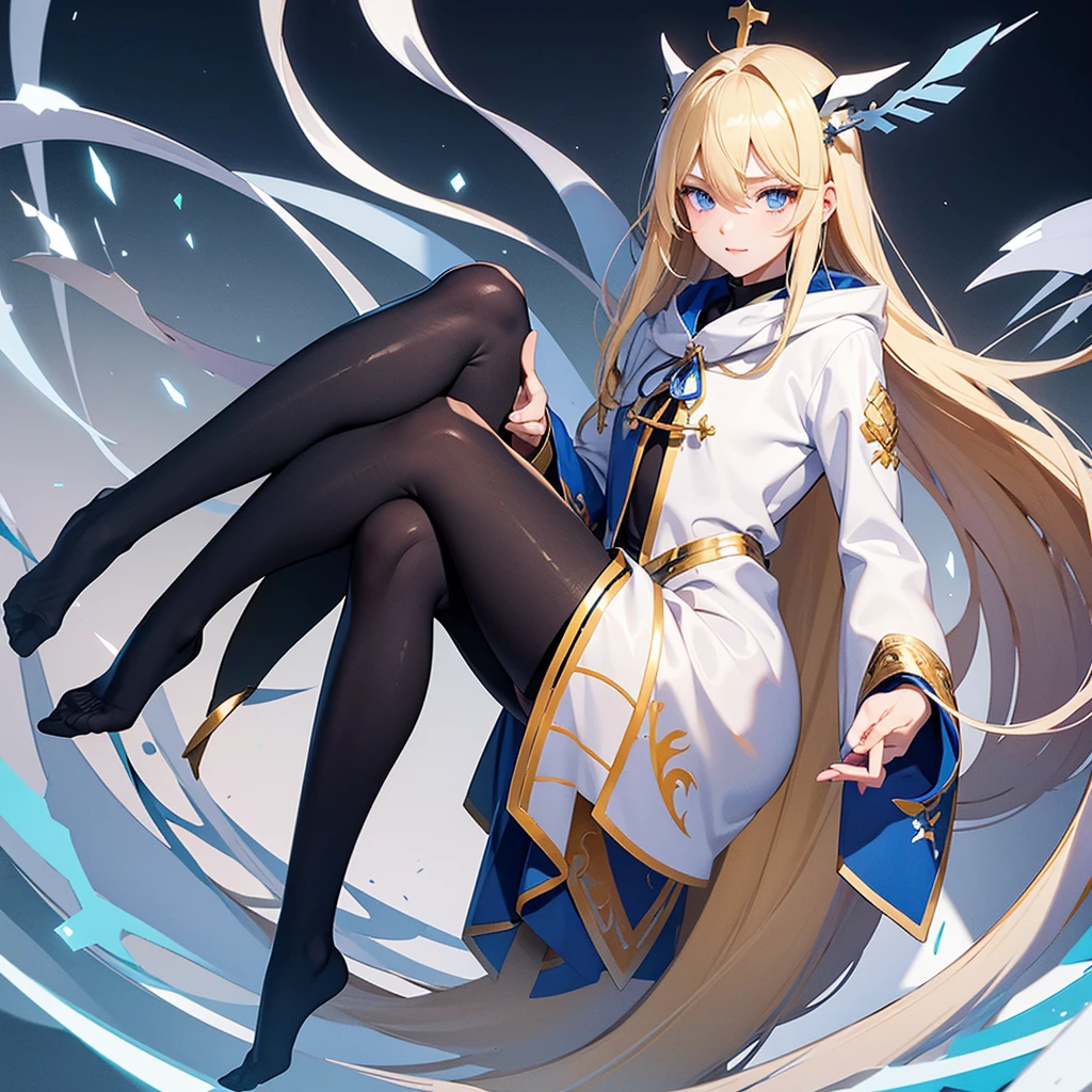 Full body detailed drawing。Blonde beauty。Blue habit。Wearing a hood。Blue Eyes。Have a Bible。Wearing black spats。