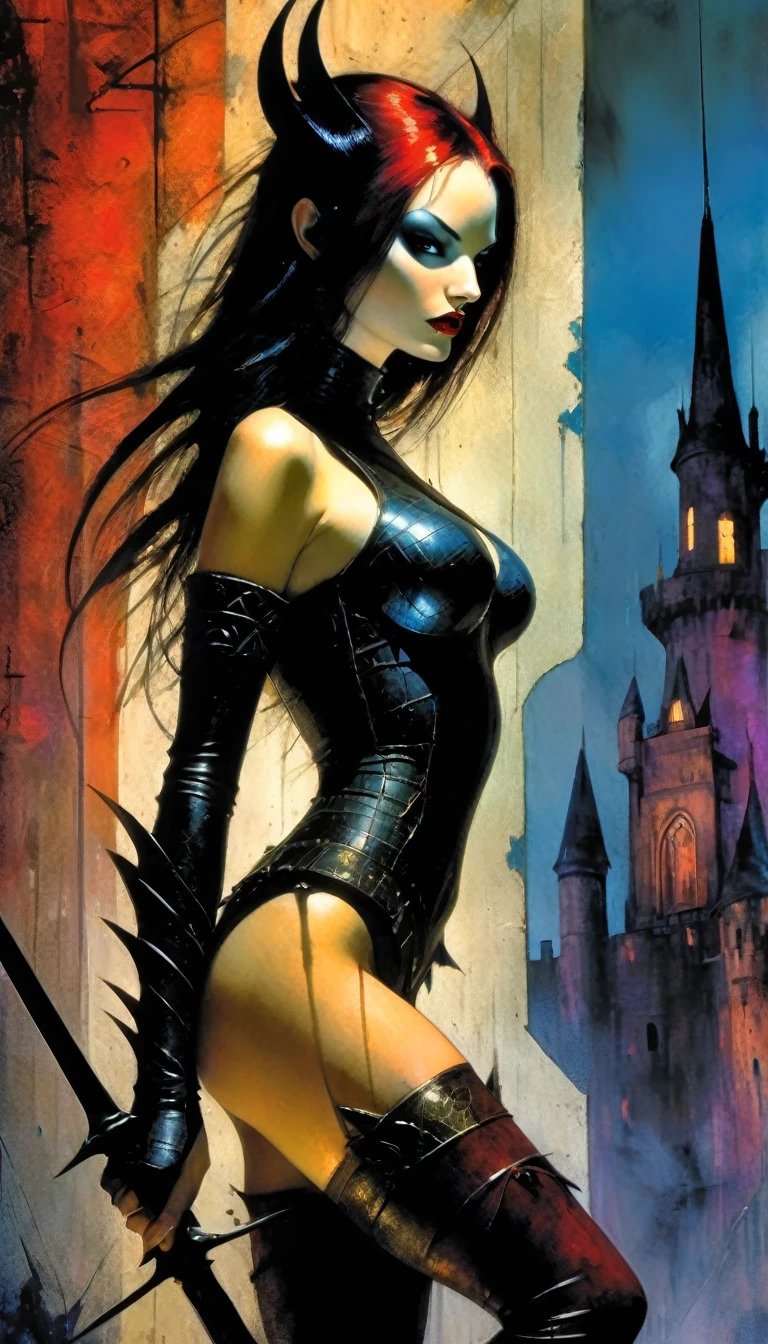 The sexy and dark warrior girl, dark castle, night(art inspired by Bill Sienkiewicz). oil painting)(best quality,4k,8k,highres,masterpiece:1.2),ultra-detailed,(realistic,photorealistic,photo-realistic:1.37),intricate details,vivid colors,sharp focus,professional,Dave McKean artwork, oil touch of surrealism,oil painting style
