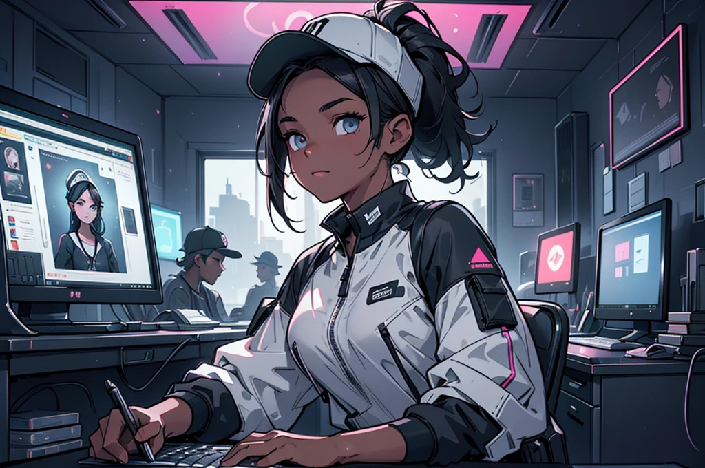 (masterpiece, best quality, detailed face, super detailed, advanced details, highest quality, high resolution, 8K) A cinematographic scene of a tomboy white skin girl, ponytail black hair, grey eye color, wearing a black cap hat, black techwear clothes, sit on a desk hacking on computer, dark secret room with computer screens neon lights on the background