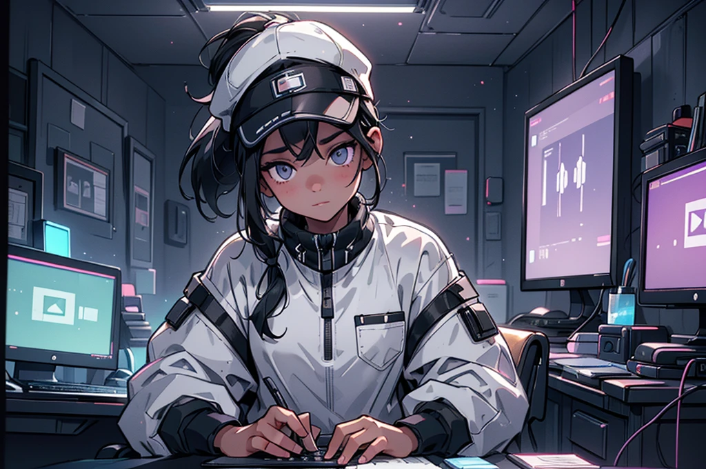(masterpiece, best quality, detailed face, super detailed, advanced details, highest quality, high resolution, 8K) A cinematographic scene of a tomboy white skin girl, ponytail black hair, grey eye color, wearing a black cap hat, black techwear clothes, sit on a desk hacking on computer, dark secret room with computer screens neon lights on the background