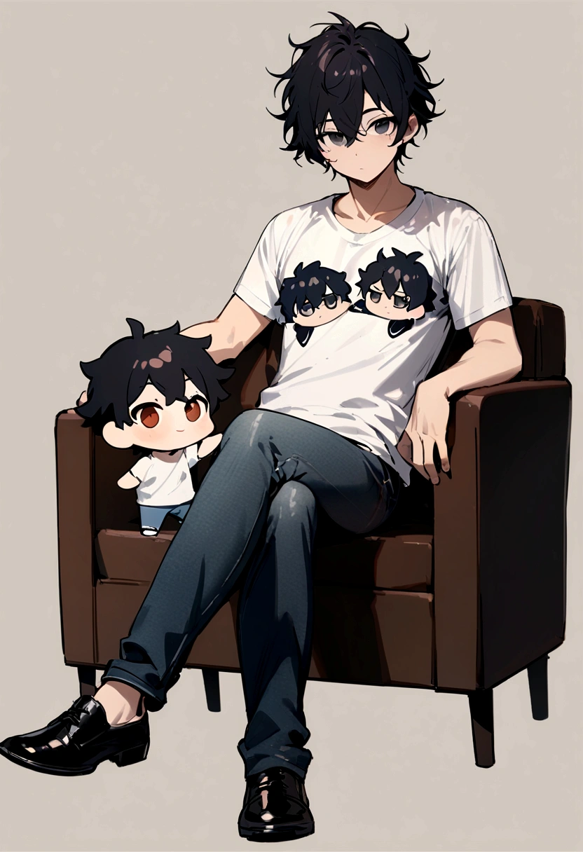 best quality, full body, looking at viewer, on the couch, 1 man, chibi, black hair, very short hair, messy hair, clear face, t-shirt, jacket, jeans, crossed legs, simple background, tareme,