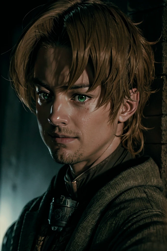 A man in realistic portrait of high quality and detail, 2000's movie style, Rudeus Greyrat (Mushoku Tensei). dark and mysterious atmosphere, sharp features, detailed face, sad smiling expression, pale skin, glow, solo, 1man, fantasy, Depth & Perspective, Mystical powers, fine face, dark and moody lighting, portrait, contrasting colors, dark forest on the background, he stands near the tree, subtle shadows, mysterious atmosphere, a tall, well-built man with a handsome appearance. He has light brown hair and green eyes, and he also has a mole under his left eye, looking at viewer, (ultra-high detail:1.2), Masterpiece, Best Quality, Ultra-detailed, Cinematic lighting, 8K, delicate features, cinematic, 35 mm lens, f/1.9, highlight lighting, global lighting –uplight –v 4, cinematic, intense gaze, Cinematic lighting, 8K, high quality, Highest Quality, (Solo Focus), (extremly intricate:1.3), (Realistic), dramatic, masterful, Analog style, (Film grain:1.5), (warm hue, cold tone)