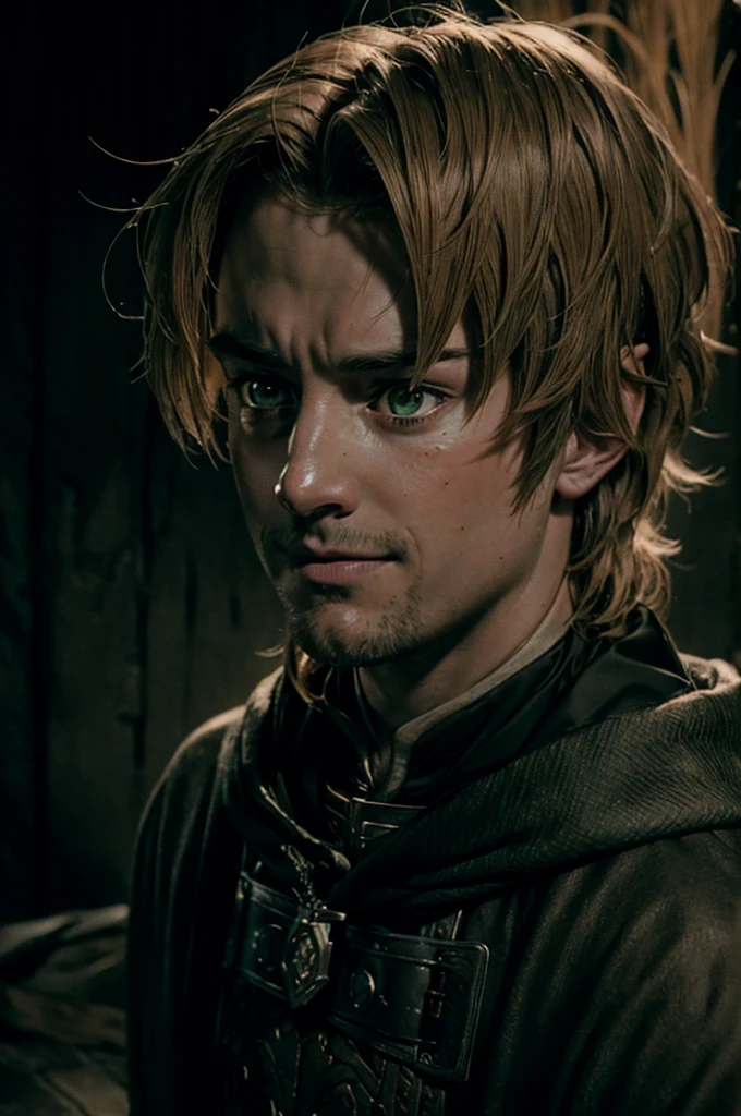 A man in realistic portrait of high quality and detail, 2000's movie style,  Rudeus Greyrat (Mushoku Tensei). dark and mysterious atmosphere, sharp features, detailed face, sad smiling expression, pale skin, glow, solo, 1man, fantasy, Depth & Perspective, Mystical powers, fine face,  dark and moody lighting, portrait, contrasting colors, dark forest on the background, he stands near the tree, subtle shadows, mysterious atmosphere, a tall, well-built man with a handsome appearance. He has light brown hair and green eyes, and he also has a mole under his left eye, looking at viewer, (ultra-high detail:1.2), Masterpiece, Best Quality, Ultra-detailed, Cinematic lighting, 8K, delicate features, cinematic, 35 mm lens, f/1.9, highlight lighting, global lighting –uplight –v 4, cinematic, intense gaze, Cinematic lighting, 8K, high quality, Highest Quality, (Solo Focus), (extremly intricate:1.3), (Realistic), dramatic, masterful, Analog style, (Film grain:1.5), (warm hue, cold tone)