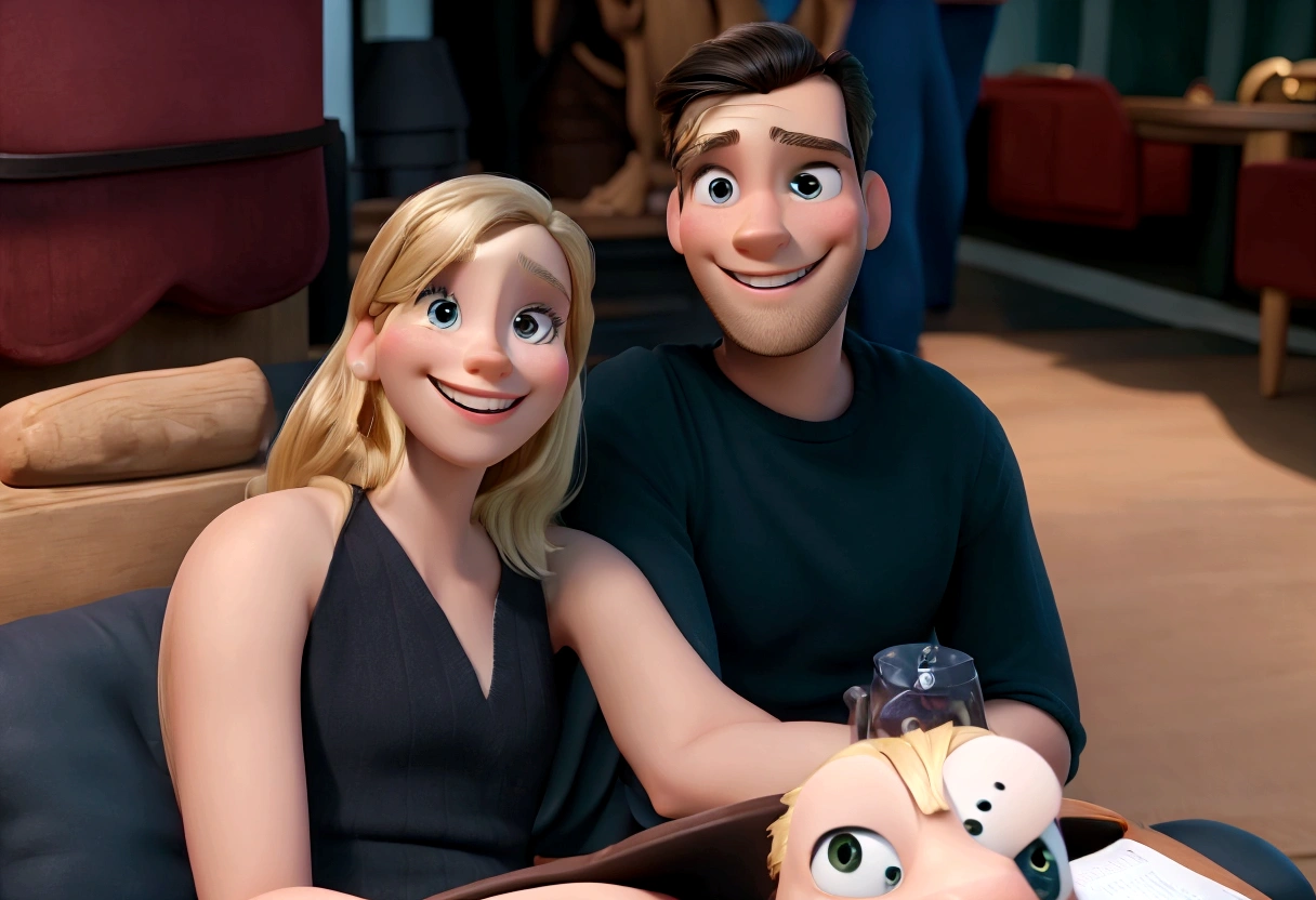 High quality artwork maximum quality best quality Disney pixar style couple smiling blonde woman and man with thin calf beard smiling and black hair