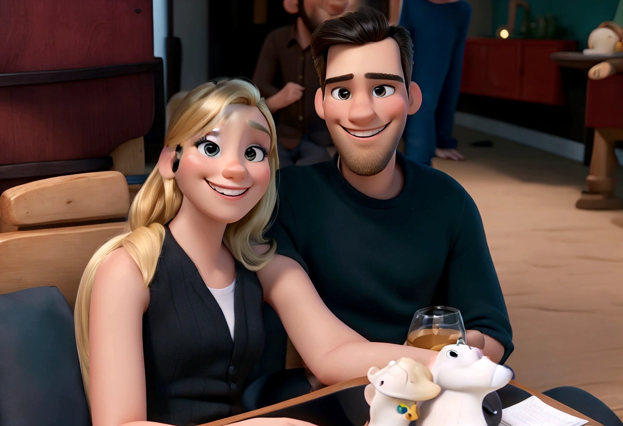 High quality artwork maximum quality best quality Disney pixar style couple smiling blonde woman and man with thin calf beard smiling and black hair