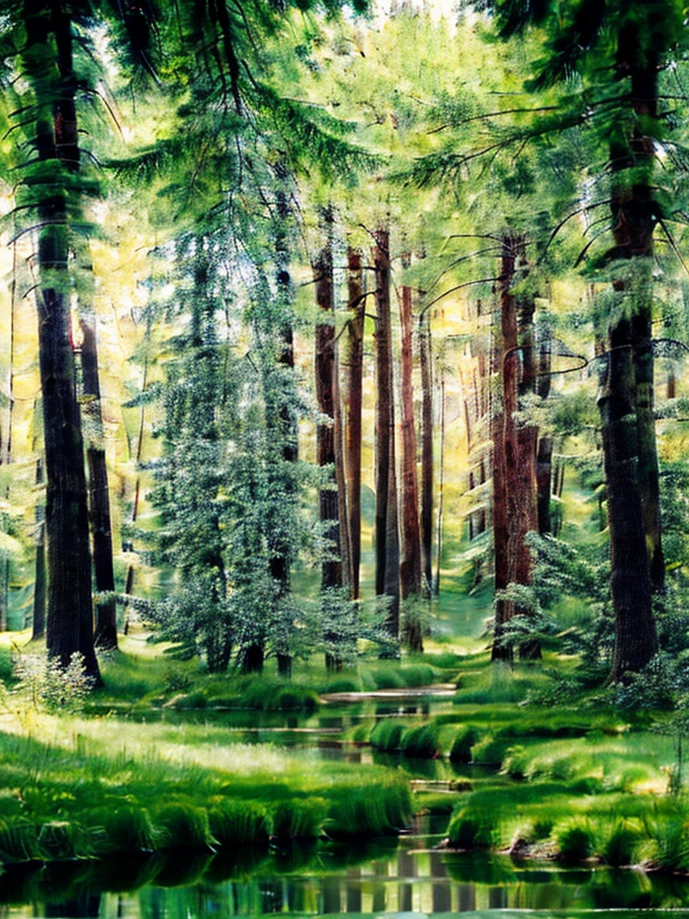 Generate an image of a serene and bright forest scene, with a crystal-clear river flowing gently through the center. The trees are so clear, with bright green leaves and rugged, natural trunks. The forest floor is covered with a soft layer of bright green grasses, and the air is filled with the warm, golden light of a sunny afternoon. The river's surface reflects the trees and sky above, creating a sense of perfect symmetry and tranquility. The pebbels are sinked at corner of river very clearly visible. The image should be highly detailed and realistic, with a focus on capturing the natural beauty, brighter view and peaceful atmosphere of the forest. 
#Realistic 
(masterpiece:1.2), best quality,PIXIV, Day scene,
 