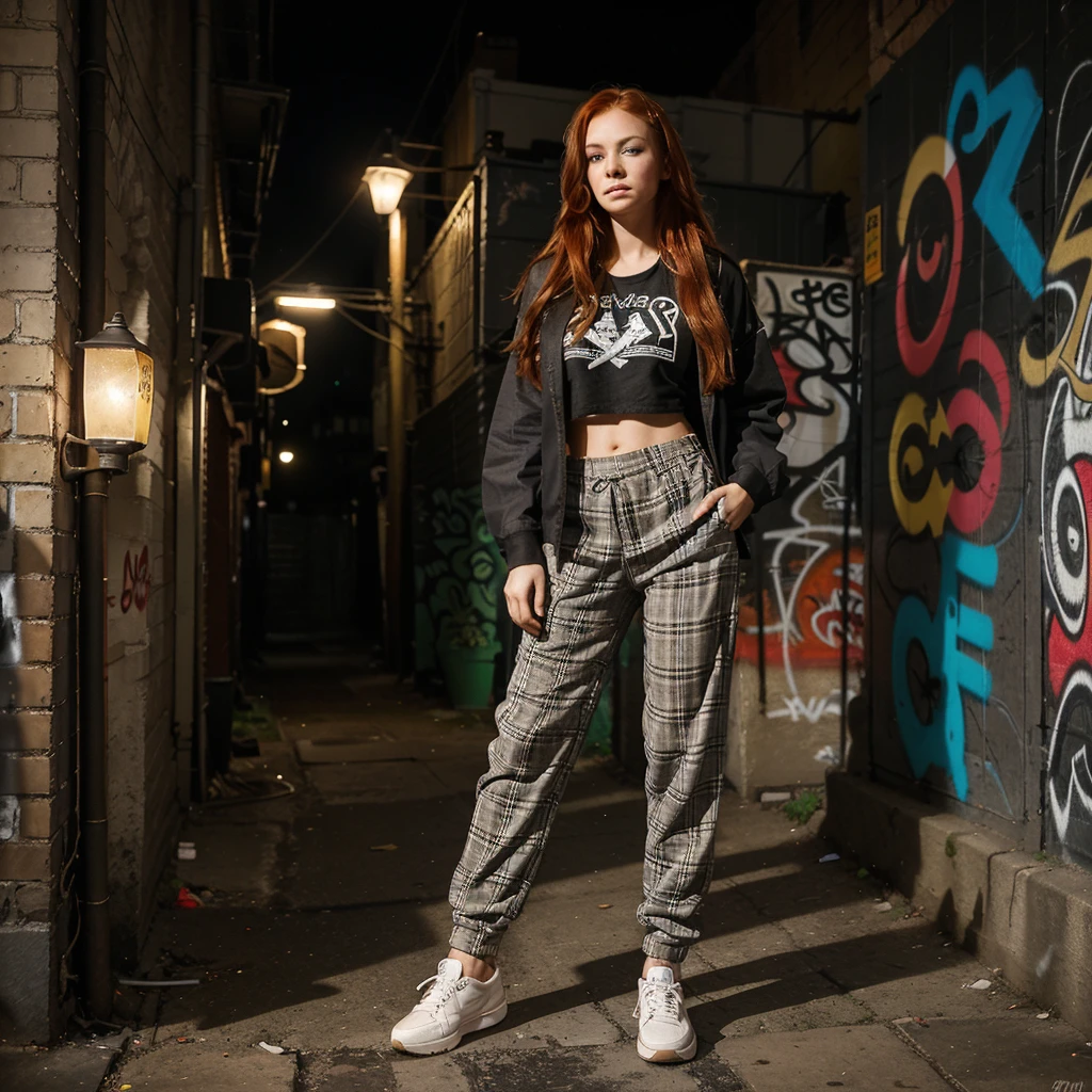 25-year-old ,girl with long red hair, wears a plaid shirt with a loose fit. The pattern consists of intersecting lines in various colors, creating a checkered design.
Her wide pants are comfortable and slightly baggy, allowing freedom of movement. They reach down to her ankles.
She completes the look with sturdy sneakers that have a worn-in appearance.
Location:
You find her in a dimly lit alleyway tucked away from the bustling city streets.
The walls of the alley are covered in graffiti, a vibrant mix of colors and styles. Some depict abstract shapes, while others convey messages or symbols.
Flickering streetlights cast uneven shadows, creating an atmosphere of mystery and intrigue