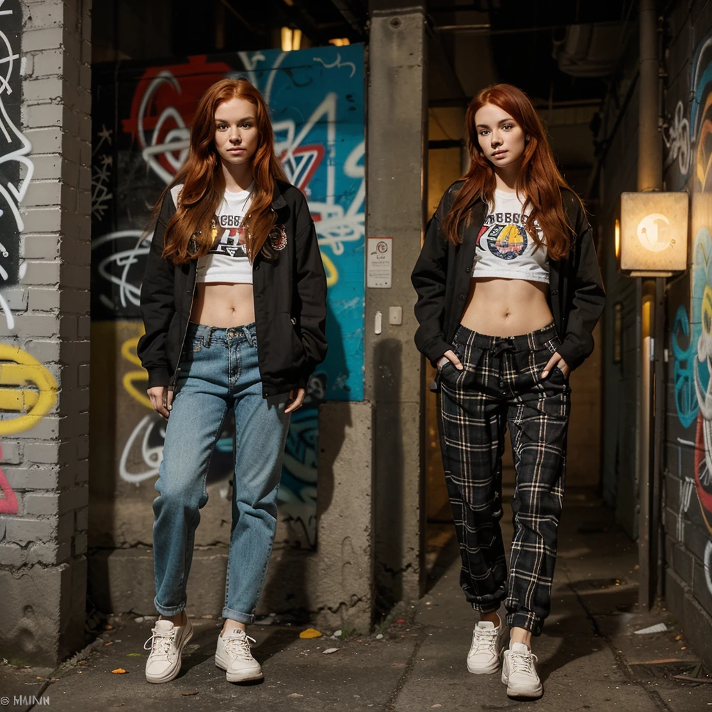 25-year-old ,girl with long red hair, wears a plaid shirt with a loose fit. The pattern consists of intersecting lines in various colors, creating a checkered design.
Her wide pants are comfortable and slightly baggy, allowing freedom of movement. They reach down to her ankles.
She completes the look with sturdy sneakers that have a worn-in appearance.
Location:
You find her in a dimly lit alleyway tucked away from the bustling city streets.
The walls of the alley are covered in graffiti, a vibrant mix of colors and styles. Some depict abstract shapes, while others convey messages or symbols.
Flickering streetlights cast uneven shadows, creating an atmosphere of mystery and intrigue