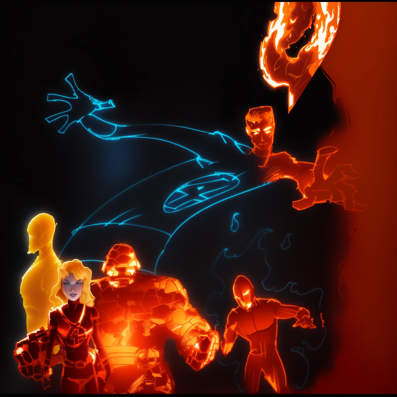 8 k detail, master piece, marvel comic book drawing of the Fantastic Four. The Thing: is an orange rock man. the Human Torch is a red body man with yellow fire surrounding him. The Invisible girl: is a blonde beautiful woman in a blue and white costume. Mr. Fantastic is a stretchy rubber man in a blue and white costume. NO background. White backdrop. colored comic book drawing, intense line art, inspired by Jack Kirby, inspired by John Romita Jr. ink outlines, comic book illustration, inspired by John Byrne, comic inks, comic art, John Romita senior.