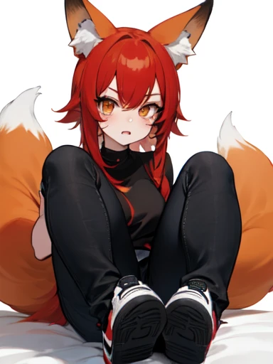 ((extremely detailed face) Fox girl with red hair and a fox tail in black sneakers with large soles in black jeans and a black top Худая