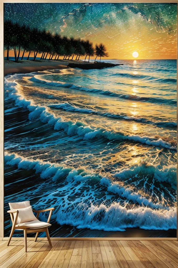 Van Gogh artwork poster of a beach at sunset with a shower of stars