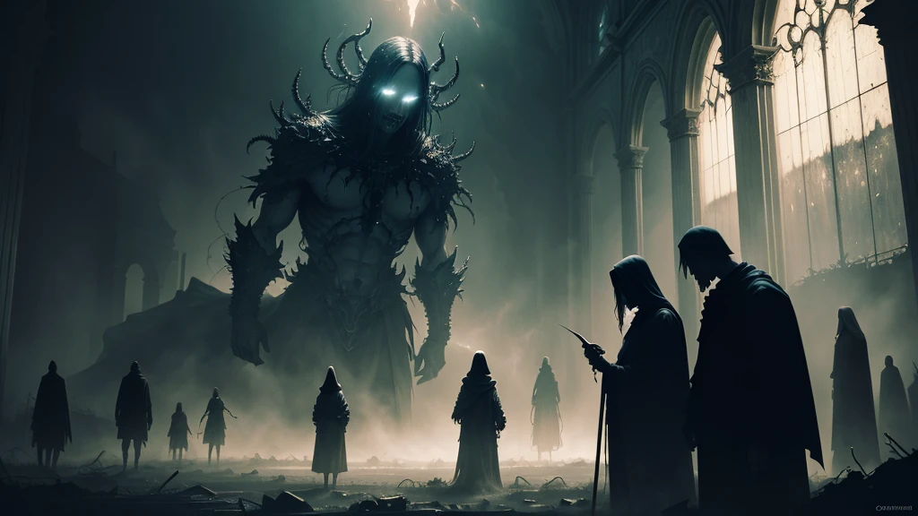 apocalyptic scene, dark fantasy, religious iconography, demonic entities, suffering and torment, divine punishment, celestial beings, cosmic horror, visceral emotion, chiaroscuro lighting, cinematic composition, muted color palette, dramatic shadows, intricate details, masterful rendering
