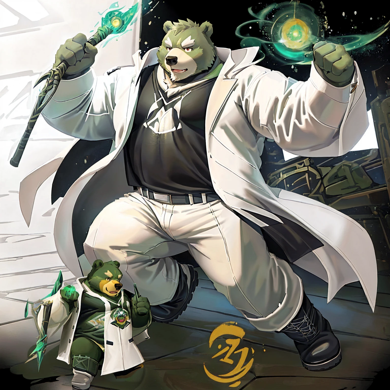 anthro, kemono, male, solo, (((anthro bear))), (((green bear))), (((green fur))), green hair, red eyes, beard, white eyebrows, mature, white background, mage staff, magic, ((((black t-shirt inside), (((white long coat unhooded))), gray trousers, military boots))), full body, splash art,