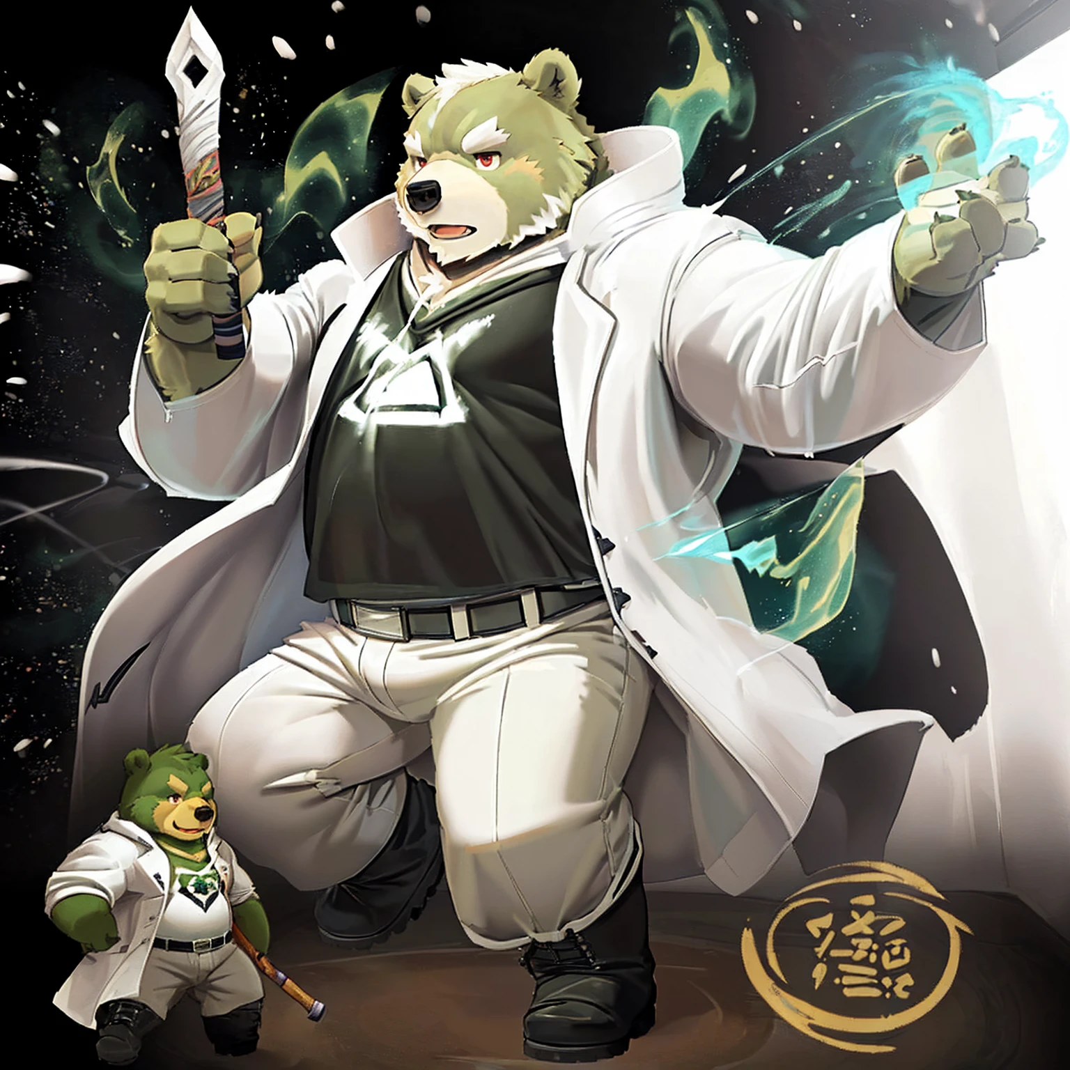 anthro, kemono, male, solo, (((anthro bear))), (((green bear))), (((green fur))), green hair, red eyes, beard, white eyebrows, mature, white background, mage staff, magic, ((((black t-shirt inside), (((white long coat unhooded))), gray trousers, military boots))), full body, splash art,