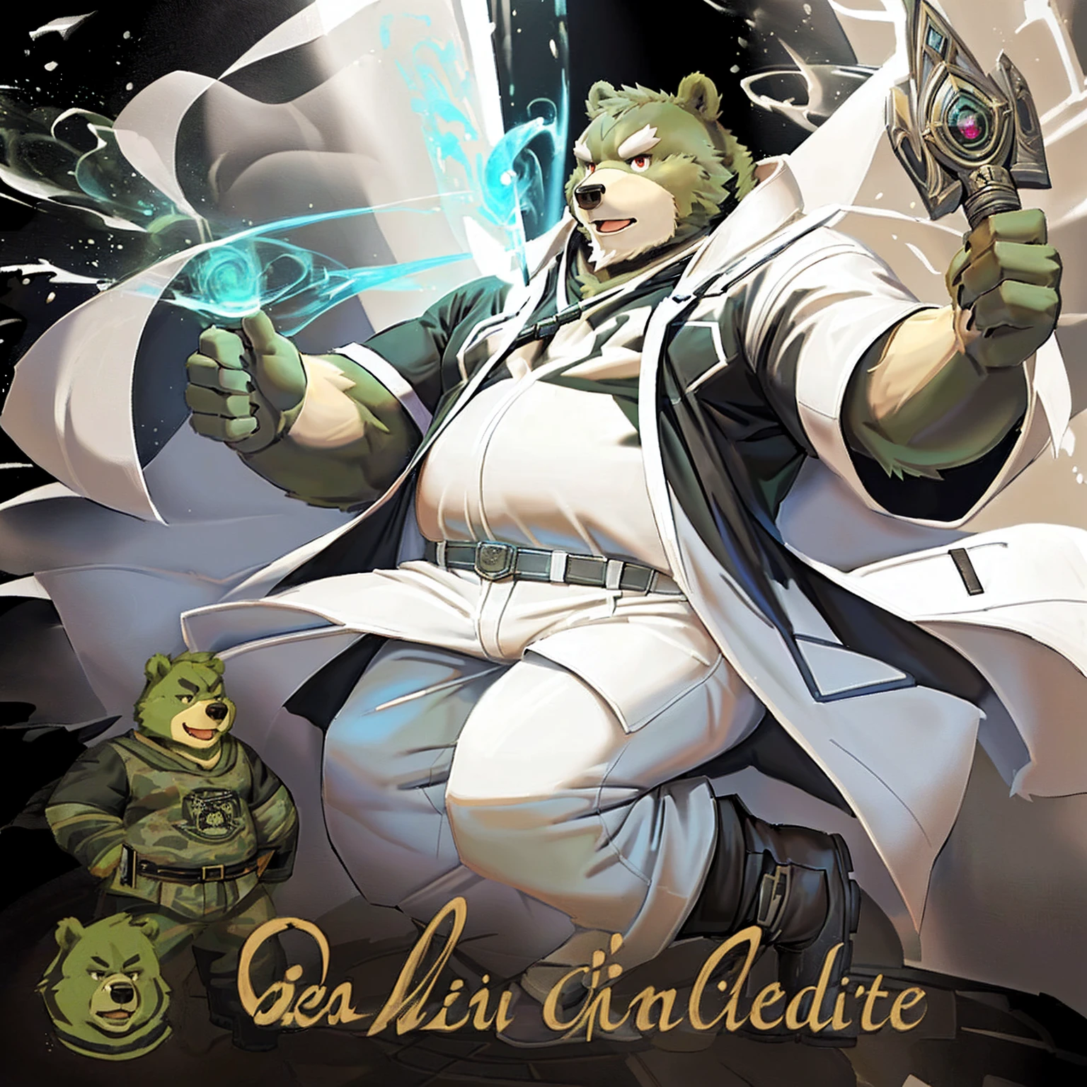 anthro, kemono, male, solo, (((anthro bear))), (((green bear))), (((green fur))), green hair, red eyes, beard, white eyebrows, mature, white background, mage staff, magic, ((((black t-shirt inside), (((white long coat unhooded))), gray trousers, military boots))), full body, splash art,