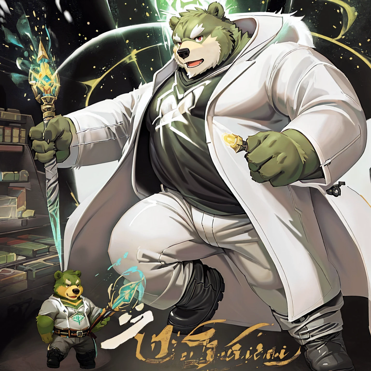 anthro, kemono, male, solo, (((anthro bear))), (((green bear))), (((green fur))), green hair, red eyes, beard, white eyebrows, mature, white background, mage staff, magic, ((((black t-shirt inside), (((white long coat unhooded))), gray trousers, military boots))), full body, splash art,