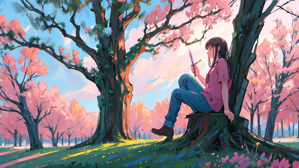 espadachin, sitting in a calm place, with trees, at the field, relaxing, with sword, trees with pink flowers