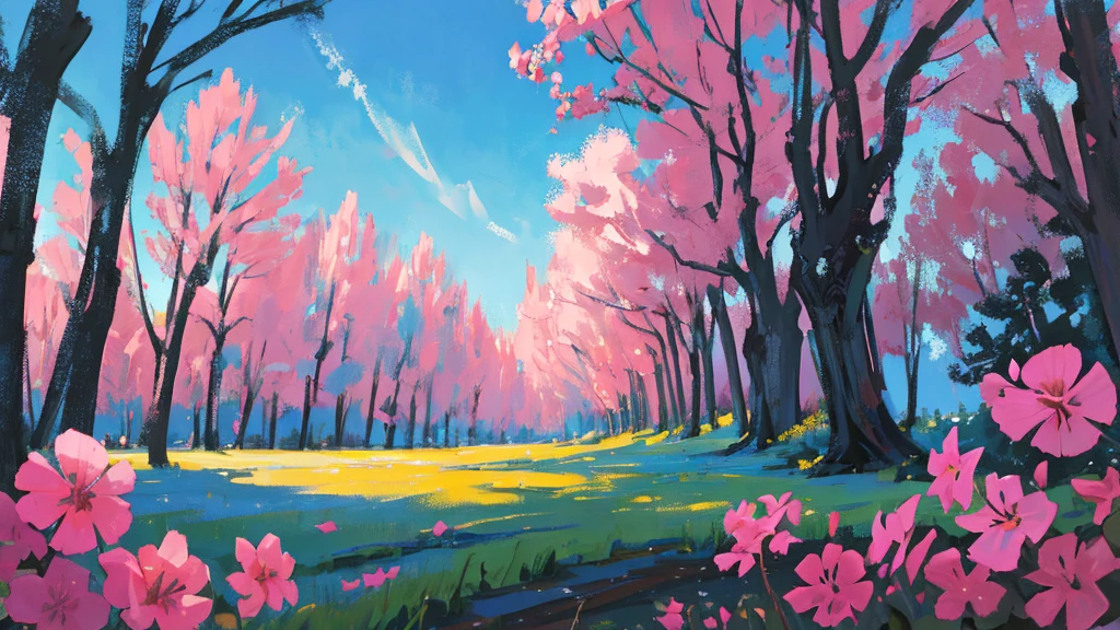espadachin, sitting in a calm place, with trees, at the field, relaxing, with sword, trees with pink flowers