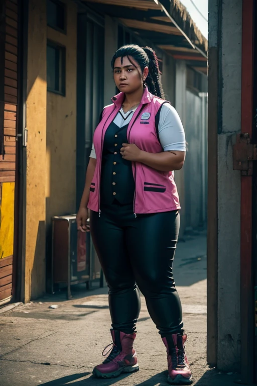 Cyberpunk, Samoan woman, Heavyset woman, wearing workers clothing, middle aged, wearing vest, ethnically Samoan