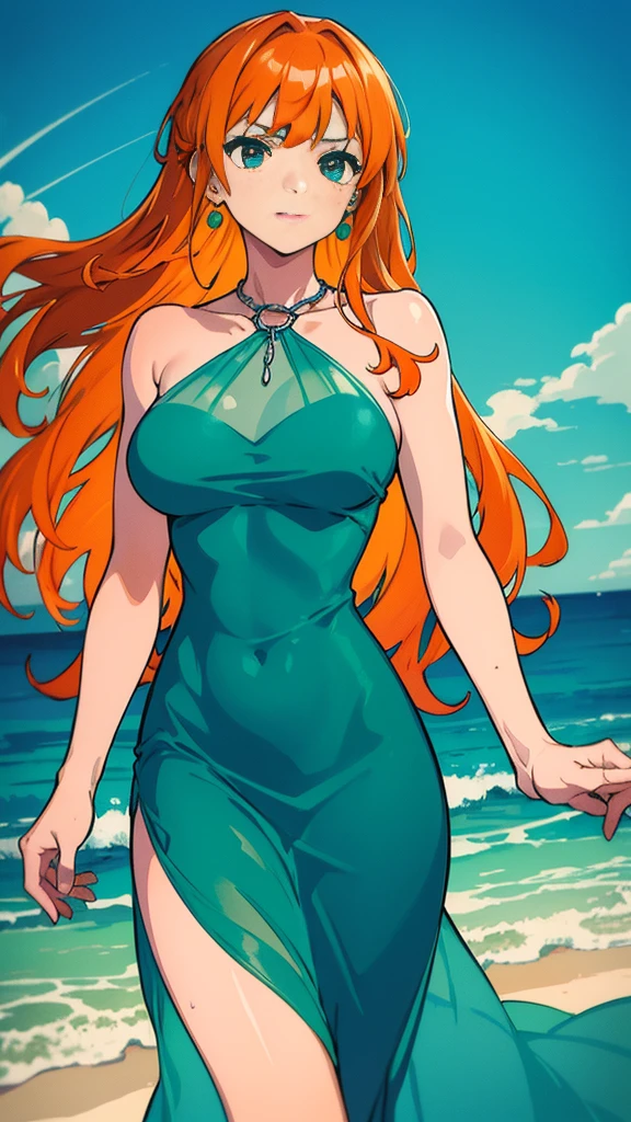 (nsfw), (masterpiece, Highest quality), ((One girl, alone, Long Orange Hair named Ishmael_edge)), Innocent look with a touch of seduction, Bare arms revealing her toned muscles, Bare shoulders adorned with delicate freckles, Bear neck with a delicate chain, watercolor style painting, Sundress made of liquid cloth, the dress swaying with the wave, green-themed with hues of ocean blue, set in the night with a hazy, dark atmosphere, Sharp focus on her face and dress, Ocean as the backdrop, See-through dress shows her toned legs, Orange hair swept back by the wave, dressing like a mermaid