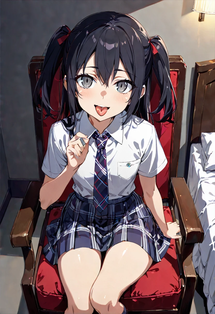 handjob,Sit on a chair,uniform,shirt,Checked tie,Checked Skirt,Navy Socks,first round,(1girl,Beautiful 14 year old girl),((Slender,,low length,Small breasts,Thin legs,Small Ass,Baby Face,Small face)),lick,open mouth,tongue out,cum on tongue,front face,from front,looking at viewer, looking ahead,from above,cowboy shot,Black Hair,two side up,Gray Eyes,Drooping eyes,slit pupils,narrow eyes.middle School girls,Beautiful and detailed anime art,Mischievous smile,Sexy vibe,Dimly lit room,On the bed,Simple Background,Gray background,Low lighting
