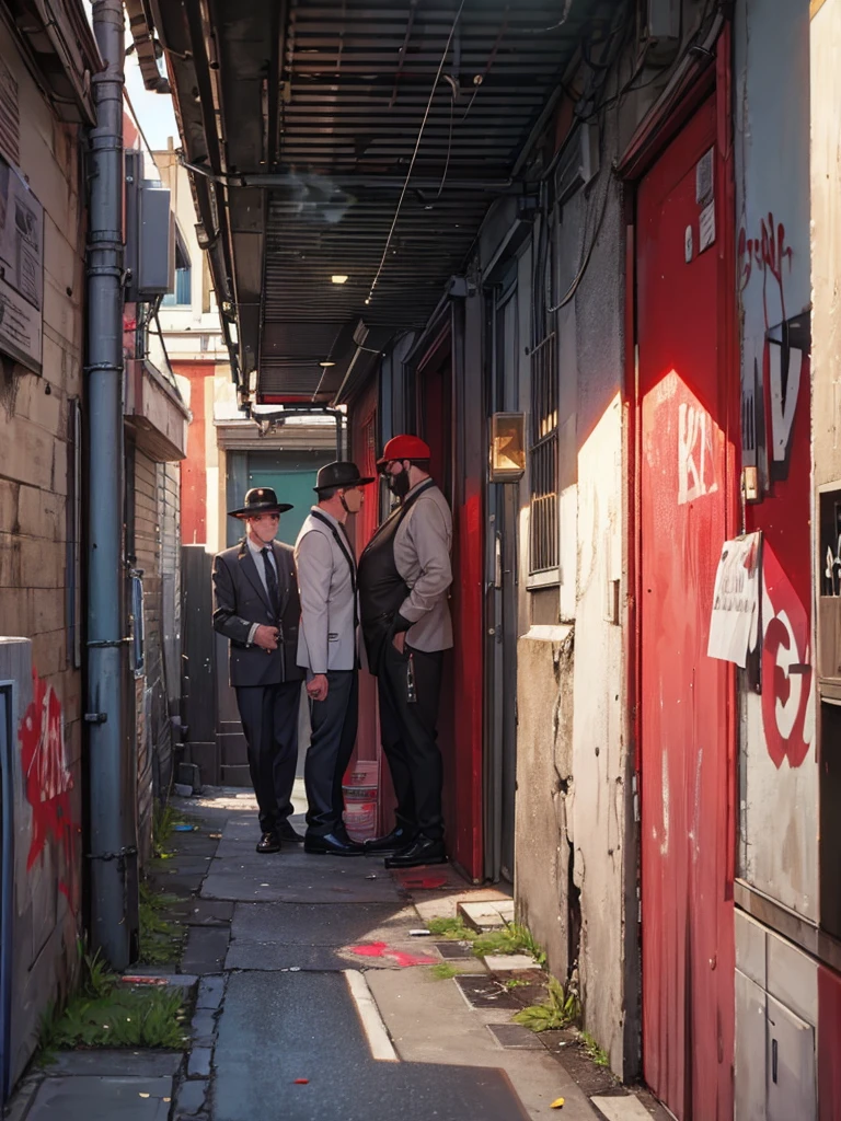 a group of mafia gangs were smoking and drinking. someone vomits against a graffiti background in a corner alley of the city with red highlights