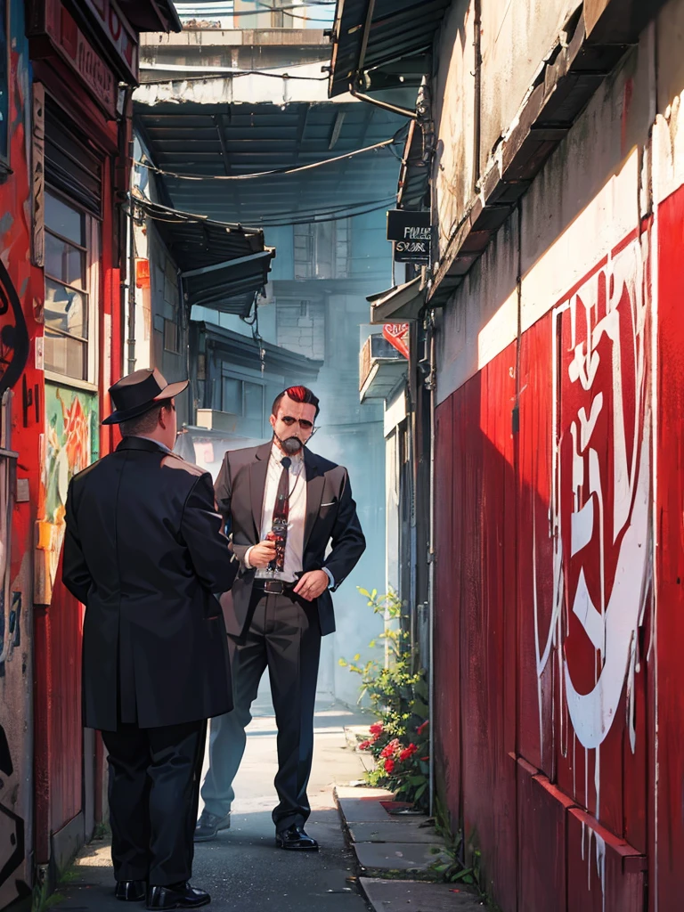 a group of mafia gangs were smoking and drinking. someone vomits against a graffiti background in a corner alley of the city with red highlights