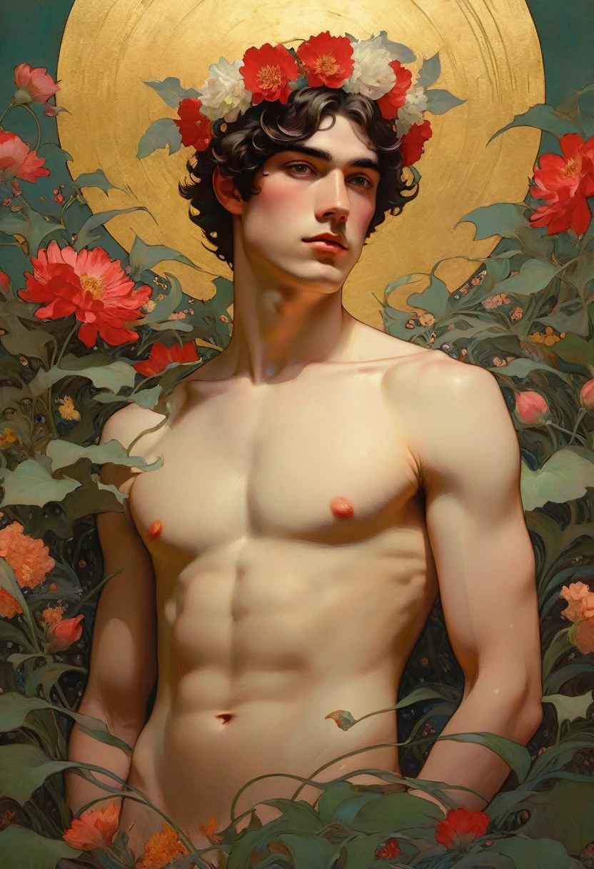 Drawing of handsome young man wearing flower crown, Naked man among flowers, he has a flower crown, The male god among the flowers, Covered with flowers, Mucha Klimt and Tom Bagshaw, girl among flowers, spring male persephone, Flower God, Zhenrong New Art, Portrait of male holding flowers, original photo (aldult:1.3),Male erupts into intense crimson cascade,The intersection of magic and technology and the sticky temptation disappear into the shadows,A neo-expressionist masterpiece embraced by gold,Topless,muscle,Hair between the eyes,(Chiaroscuro:1.3),(Octane rendering masterpiece,masterpiece scale,beautiful depth of field,super wide angle,Ultra-detailed CG perspective,Super dynamic lighting with amazing shadows,dramatic lighting), Conveys feelings of inner strength and confidence. Introducing a gentle, Atmospheric haze in the environment, Creates a soft light diffusion effect，Gives the impression of a golden aura and presence.