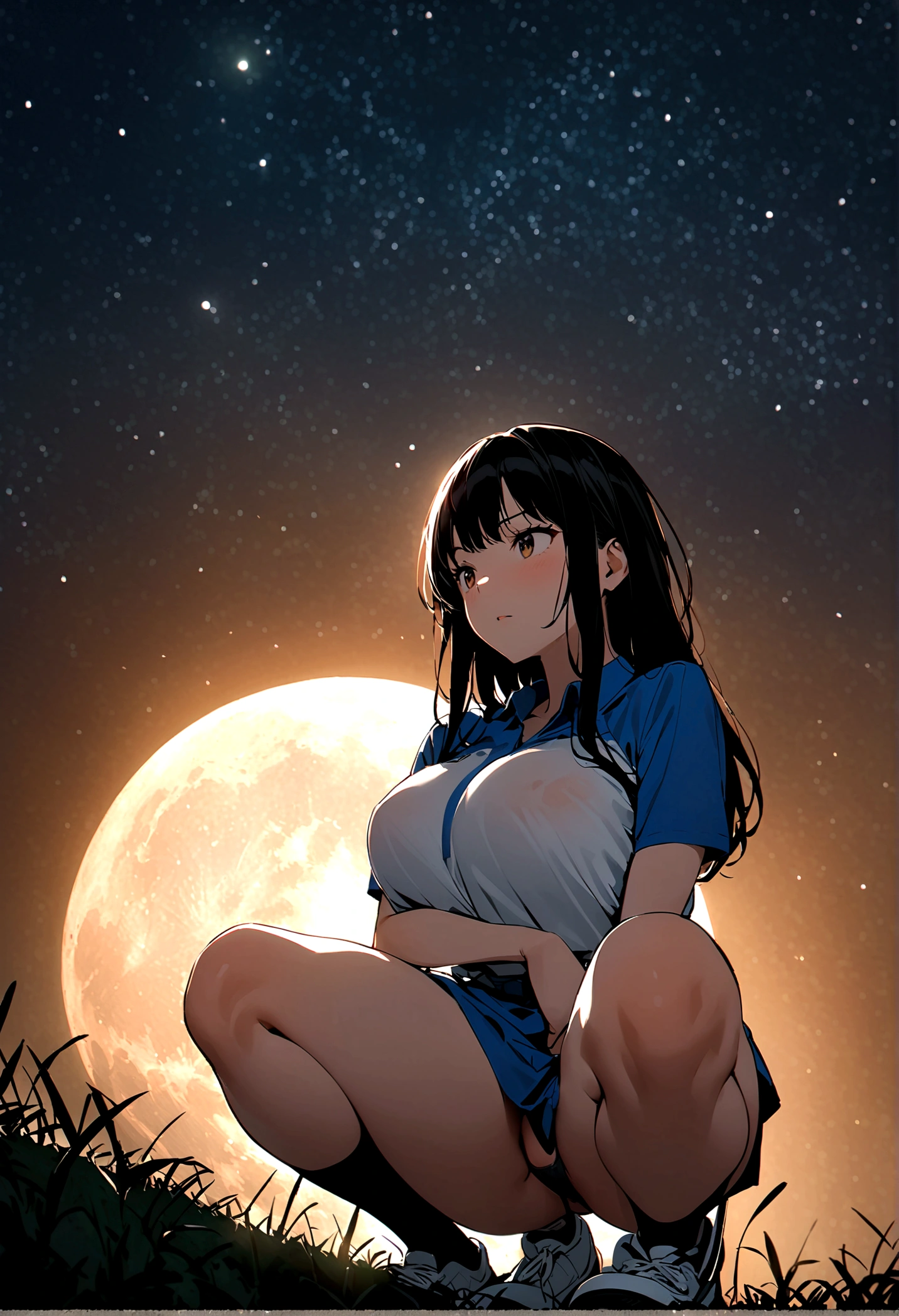1 female、woman with very long black hair、Busty women、Spectacular views、Night Scene、The view from the top of the hill、Full moon night sky、swirling starry sky、8K、Best Quality、The woman's whole body is in the photo、The woman is wearing a miniskirt and her crotch is visible.、Standing motionless in golf wear, staring at the ball、The thong is transparent、、With a golf club、Sitting squatting