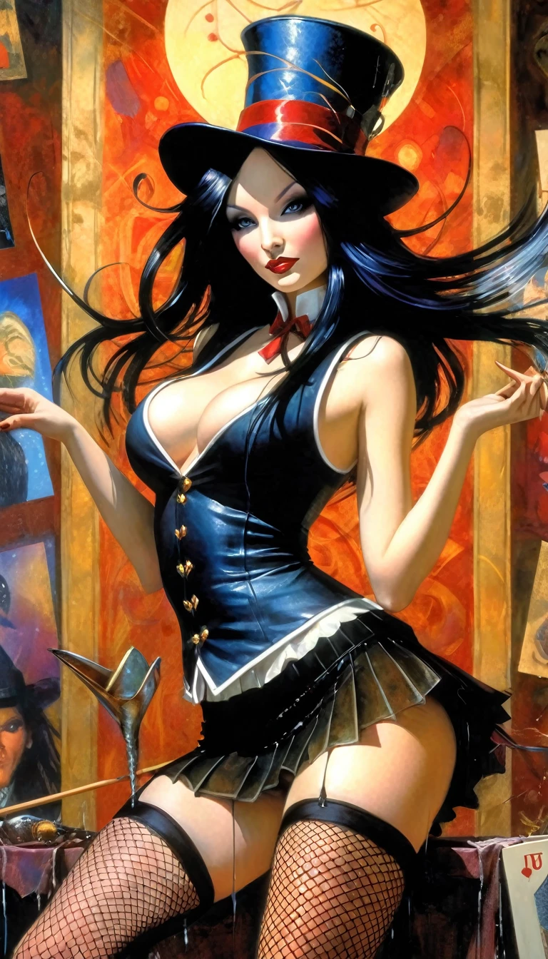 a magician girl with long black hair, wearing a magician hat, elegant and sexy outfit with a vest, miniskirt and fishnet stockings, performing magic, on the stage of a great magic show, inspired by the art of Bill Sienkiewicz, high quality, ultra-detailed, photorealistic, vivid colors, professional (best quality, 4k, 8k, high resolution, masterpiece: 1.2), ultra detailed, (realistic, photorealistic, photorealistic: 1.37), intricate details, vivid colors, sharp focus, professional, Dave's artwork McKean, oil painting touch of surrealism, oil painting style