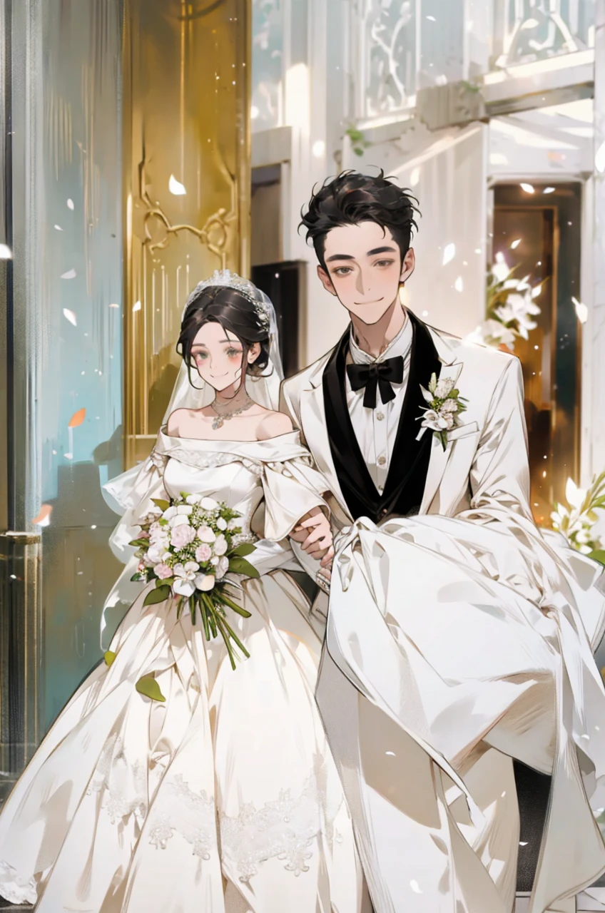 Wedding scene，The bride in a white wedding dress is walking towards me with a bouquet of flowers，Smiling slightly，Perfect face，Black Hair，Perfect face，Full body portrait