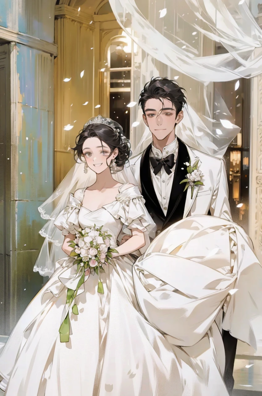 Wedding scene,The bride in a white wedding dress is walking towards me with a bouquet of flowers,Smiling slightly,Perfect face,Black Hair,Perfect face,Full body portrait