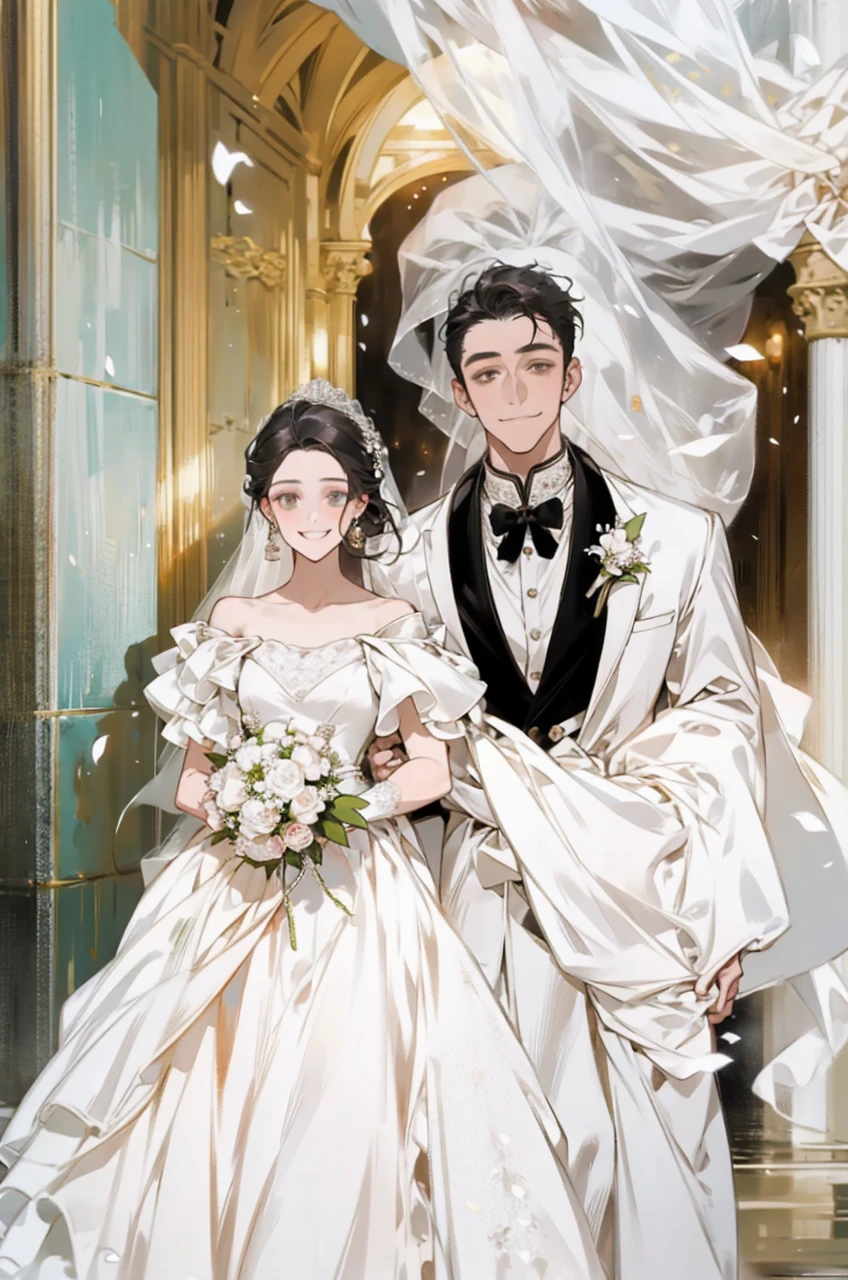 Wedding scene,The bride in a white wedding dress is walking towards me with a bouquet of flowers,Smiling slightly,Perfect face,Black Hair,Perfect face,Full body portrait