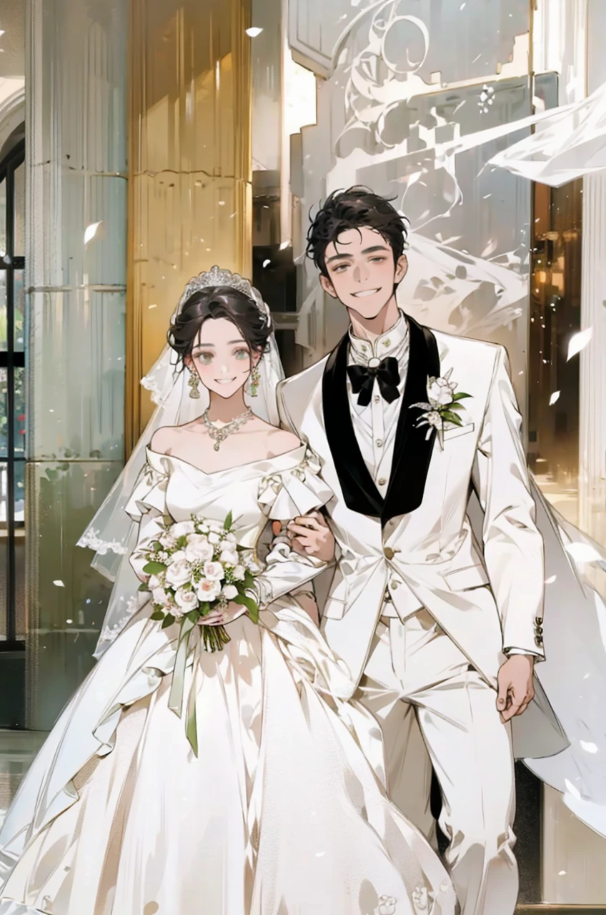 Wedding scene,The bride in a white wedding dress is walking towards me with a bouquet of flowers,Smiling slightly,Perfect face,Black Hair,Perfect face,Full body portrait