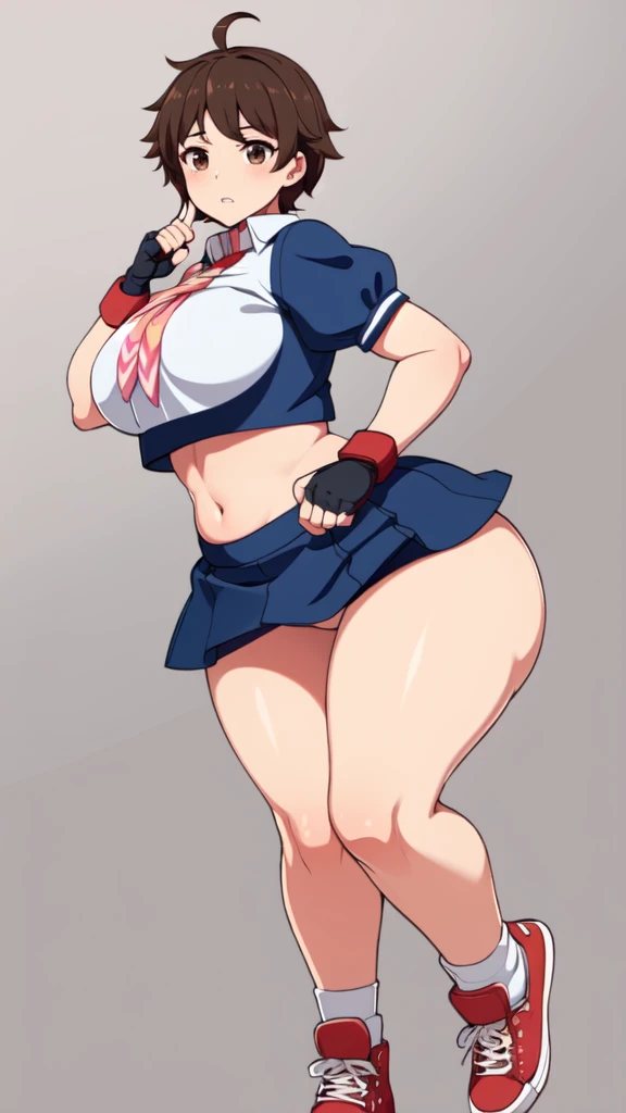 masterpiece, Highest quality,  High resolution,  1girl, 独奏, Sakura MS,  kasugano sakura, milf, shiny, oily skin, Brown eyes, Brown Hair, short hair, bangs, Ahoge, head band, , Puffy sleeves, Crop top, neckerchief, midriff, ((blue mini skirt)), ultra short skirt, Fingerless gloves, Thighs Thighs Thighs, (thick thighs, voluptuous thighs, ample thighs), White socks, Red footwear, Very detailed, More detailed,Proper body balance,Ultra-high quality output images,High resolution,Intricate details,Very delicate and beautiful hair, simple background, Embarrassed look, discovery stance, Bare legs, full body, nsfw,