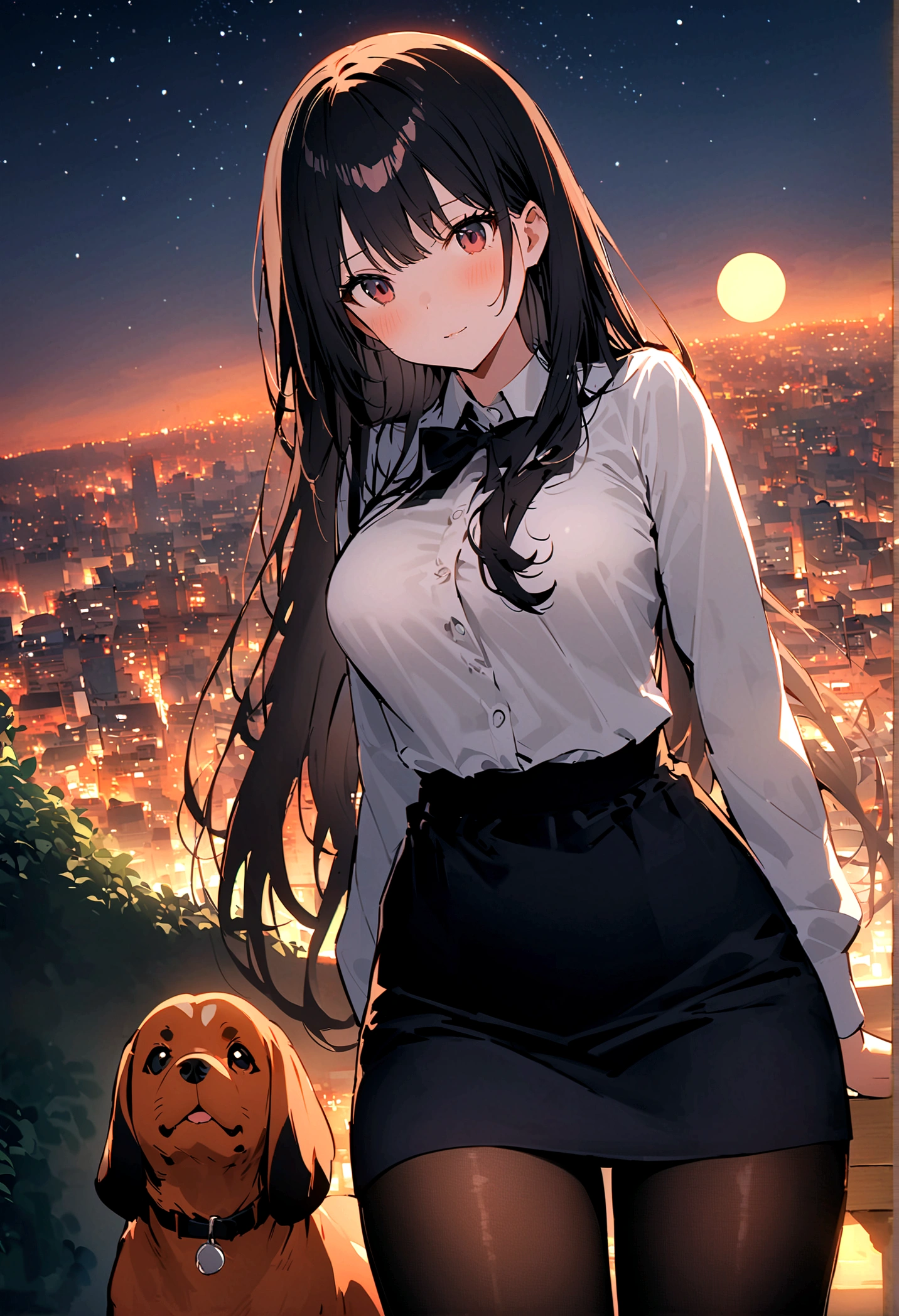 Dog 1、Woman 1、Red miniature dachshund、Red miniature dachshund long hair、dog&#39;color is red、woman with very long black hair、Busty women、Spectacular views、Night Scene、The view from the top of the hill、Full moon night sky、swirling starry sky、８K、Best Quality、詳しいdogの顔、The woman is facing the opposite direction、Ria、I can't see a woman's face、The whole body is in the photo、Like the night view of Tokyo、The woman is wearing a miniskirt and her crotch is visible.、Pantyhose legs