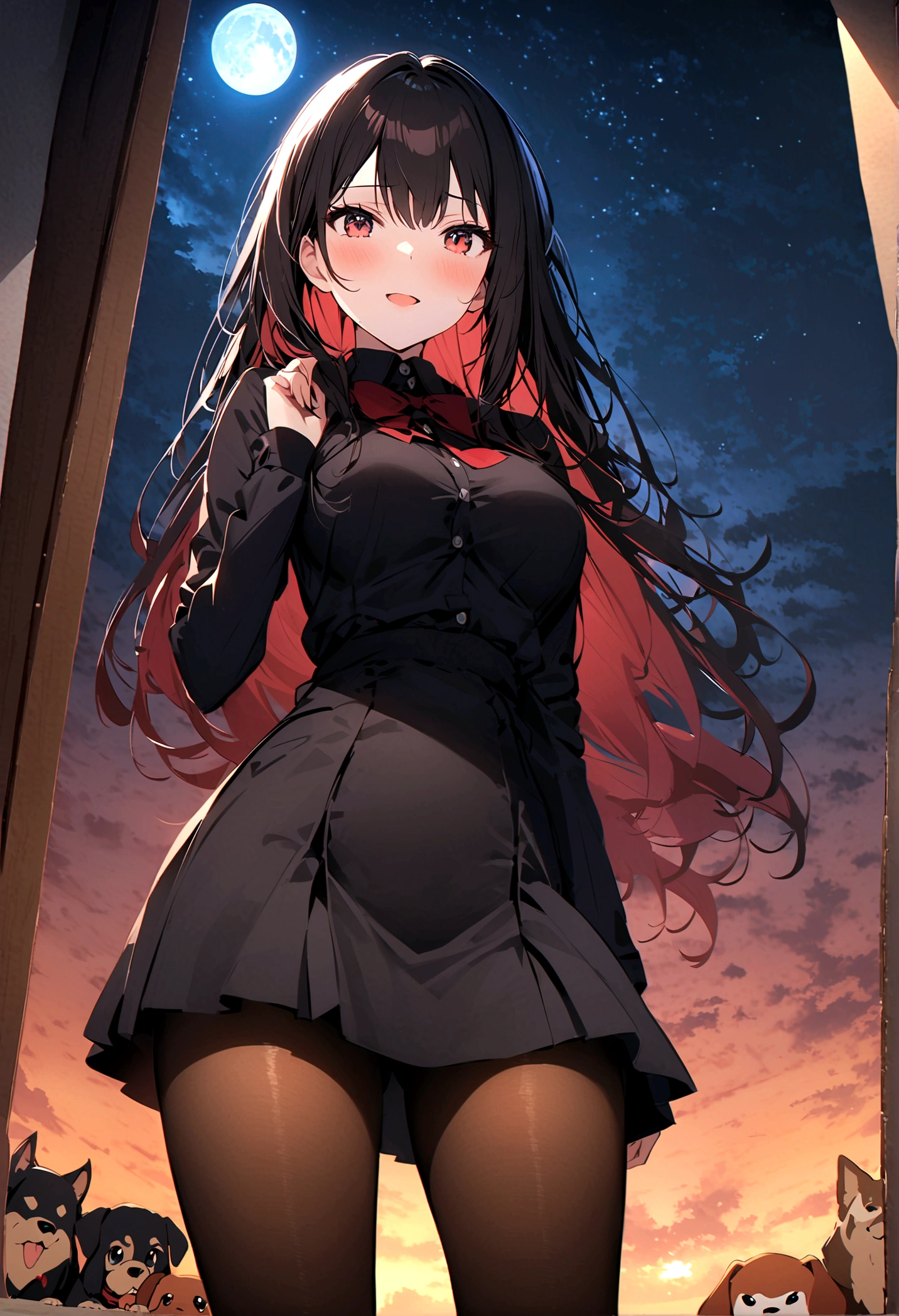 Dog 1、Woman 1、Red miniature dachshund、Red miniature dachshund long hair、dog'color is red、woman with very long black hair、Busty women、Spectacular views、Night Scene、The view from the top of the hill、Full moon night sky、swirling starry sky、8K、Best Quality、詳しいdogの顔、The woman is facing the opposite direction、Ria、I can't see a woman's face、The whole body is in the photo、Like the night view of Tokyo、The woman is wearing a miniskirt and her crotch is visible.、Pantyhose legs