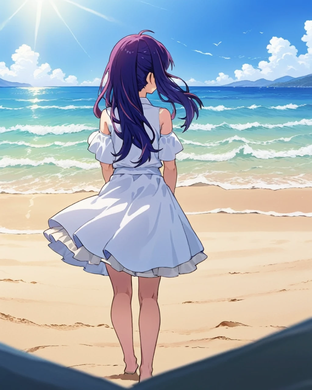 Ai Hoshino,One girl, 一人in, white_dress, Looking_in_Audience, Beach, Outdoor, Ocean, smile, Looking_return, Day, No sleeve_dress, sundress, skirt_all, from_behind, null, Wave, cloud, Standing in a star shape_student,symbol-shaped_student,. nice,Key Visual, Vibrant, Studio Anime,Award-winning, Professional, Very detailed,High budget, CinemaScope