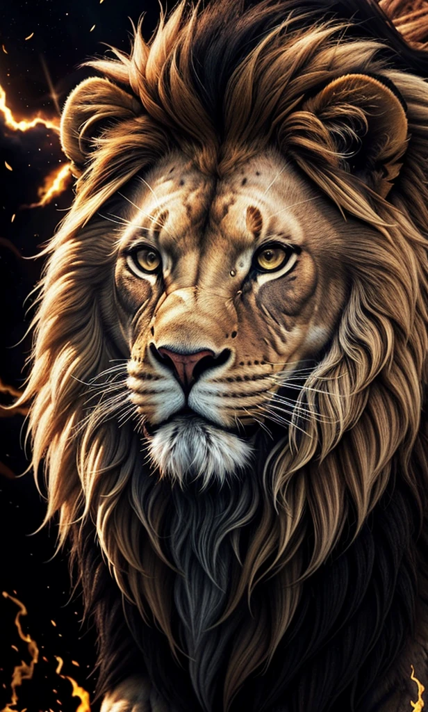 Lion, Divine Lion, naturals, naturals, ferocious, masculine, mighty, golden lion, Thunder Storm, fire rays, Energy, Powerful Lion, Beautiful nature, Great Realistic Lion, FullHD 8K, Sky ligh, Sunset Night, Ligh Sky Sun, Balck Golden, black andwhite, black and gold, detailed realistic face, 8K Detailed Realistic White Lion, Ultrarealistic 8k |, Energia de thunder realista detalhada, Strong Creature realista detalhada, Strong Creature, Lion macho, Rendering, Fotorrealista 8K, UltraHD Alta definição 8K, Detailed Realistic 16K, Nitidez Fotorrealista 8K, 16K photorealistic textures, Contraste Fotorrealista 8K, Sombras Fotorrealistas 8K, Luzes Fotorrealistas 8K, Detailed realistic sunset, Detailed Realistic Lion Face, Detailed realistic light, detailed textures, thunder, detailed shadows, detailed colors, Celestial Electricity, Golden thunder, Lion realista, Ultra Realistic 16K, Realistic 16K, Realistic 16K sharpness, 16K photorealistic textures, 16K realistic colors, powerful creature, Majestic power, Power of Heaven, Great Divine, detailed contrast, realistic contrast, high resolution, detailed colors, fire, villany, divine creature, 8K, realistic detailed, 16K, 8K, High definition, detailed contrast, realistic contrast, high resolution, detailed colors, fire, villany, divine creature, realistic detailed, posh, chic