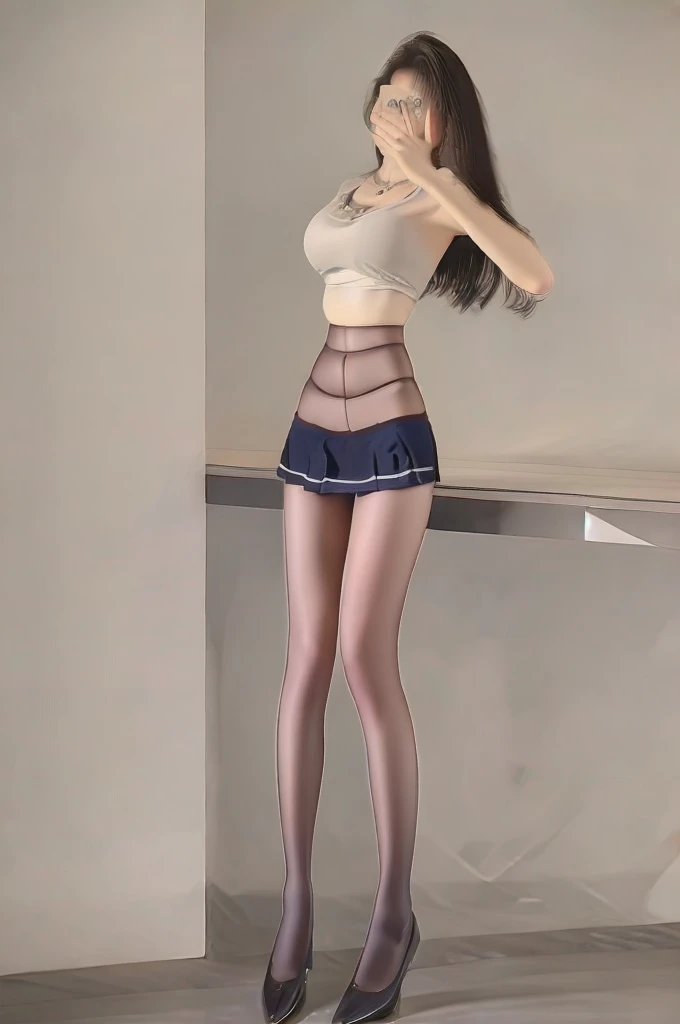 masterpiece, best quality, masterpiece, A woman,20-year-old sexy model, Bare breasts, Full breasts, The skirt is very short, Long legs, fit, Black pantyhose,Posing for photos, (best quality, high resolution, Perfect lighting), Smile, ((whole body)), ((From below))